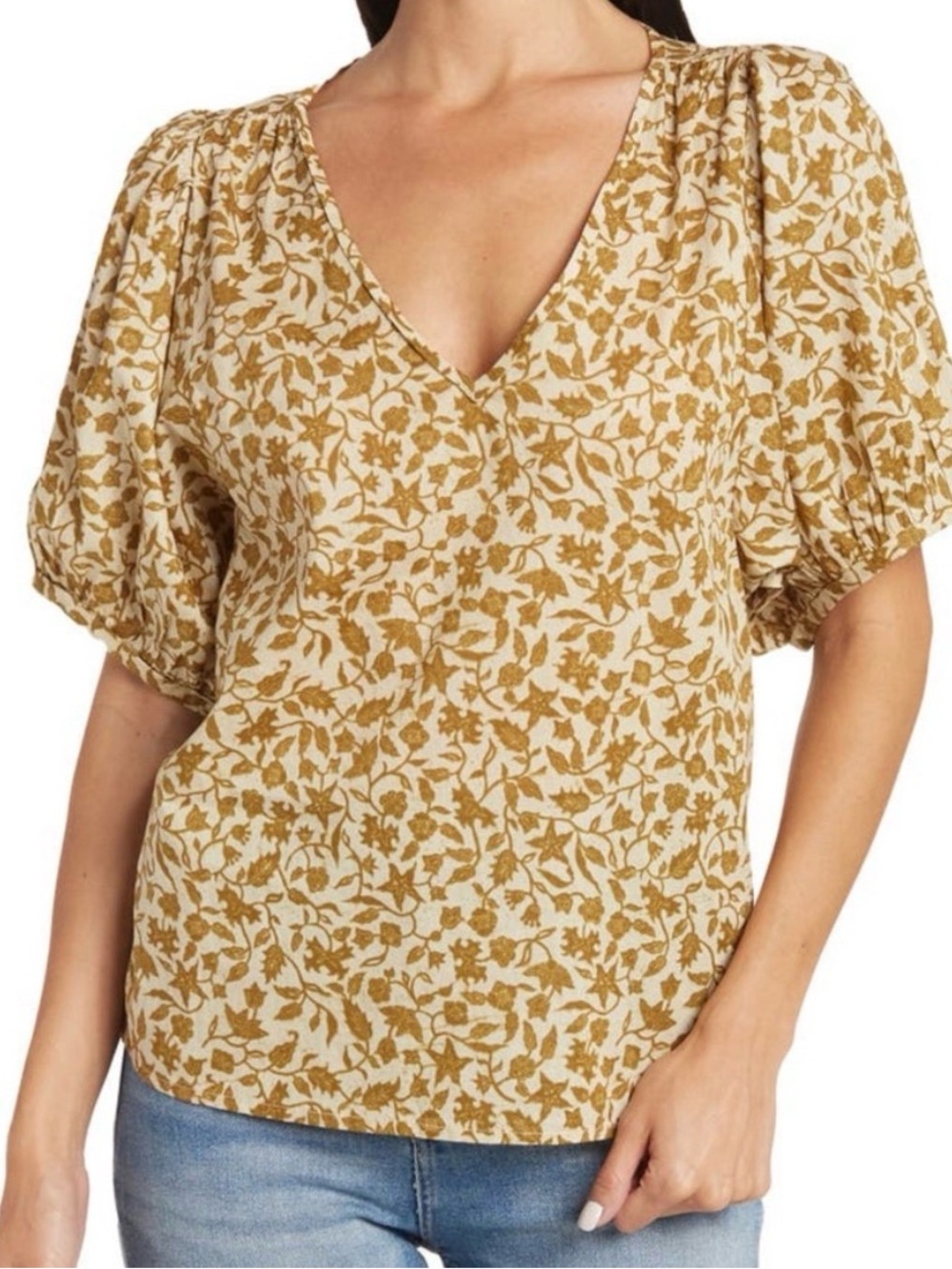 Madewell V-Neck Puff Sleeve Top Batik Vine Floral Blouse M